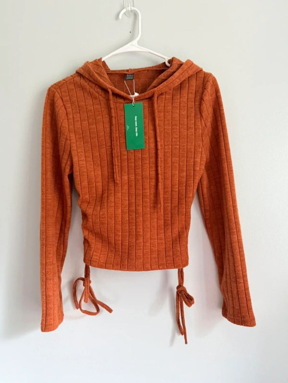 SHEIN Ribbed Cropped Hoodie Rust Orange Side Ruched Tie Size L NWT